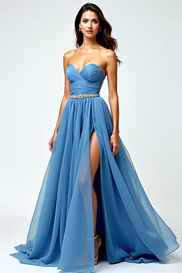 Gris Bleu Mousseline De Soie Long Sweetheart Une Robe De Bal Ligne Avec Fente